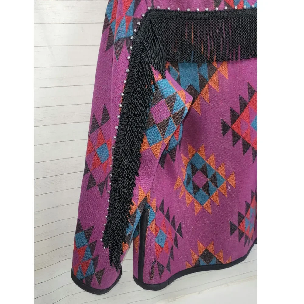 VINTAGE WOOL BLEND AZTEC PRINT BUTTON UP JACKET W FRINGE DETAIL, SZ LARGE